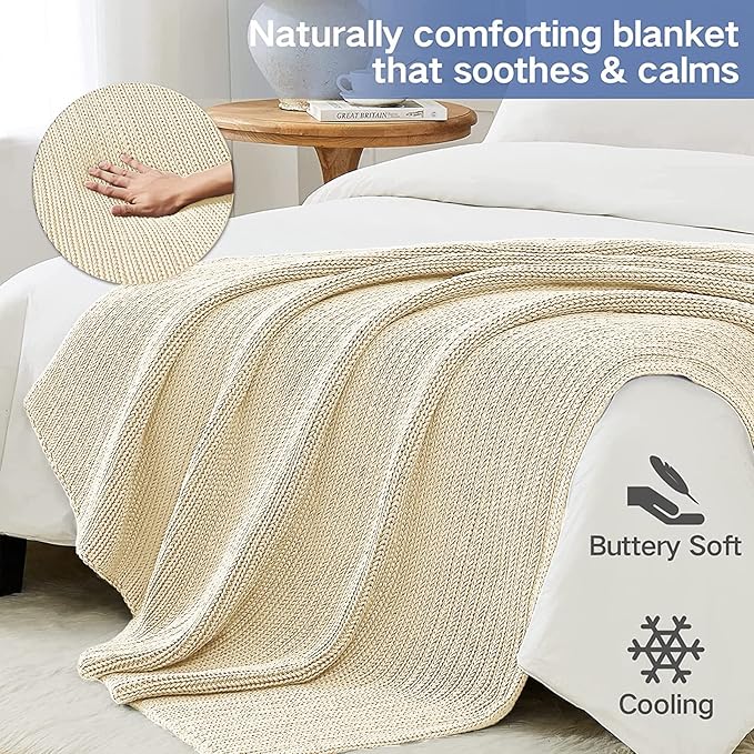 Guohaoi Knitted Weighted Blanket for Adults (Cream 60"x80" 25lbs) No Beads Cooling Throw Blanket for Hot Sleepers, Home Decor Breathable Chunky Knit Heavy Blanket Use on Queen/King Size Bed