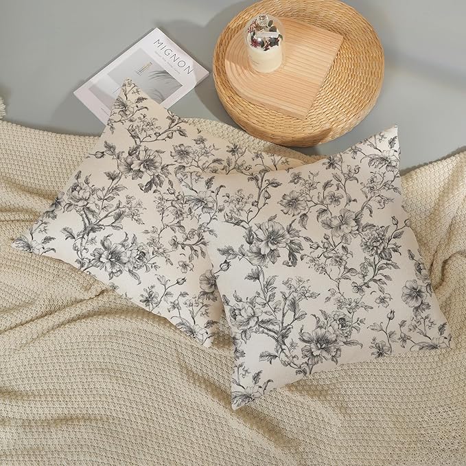Black and Cream Pillow Covers 20x20 Set of 2 Vintage Floral Chinoiserie Throw Pillows Rustic Toile Flower Decorative Pillow Cases Outdoor Chinoiserie Decor Linen Cushion Case for Couch Sofa
