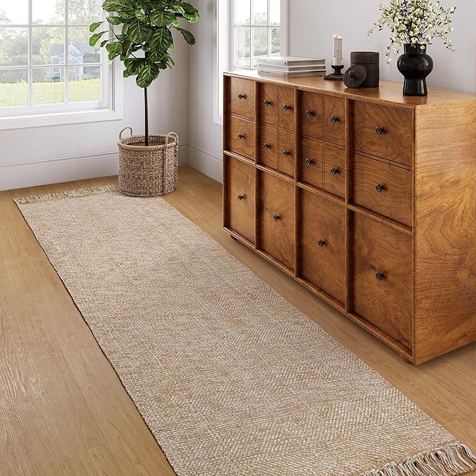 Collive Long Hallway Runner Rug 2.6' x 8', Washable Runner Indoor Entryway Rug, Tan Braided Woven Kitchen Runner Rugs Low-Profile Front Door Floor Carpet for Laundry Room Bedroom Doorway