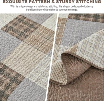 100% Cotton King Bedspread 128"x120", Oversized Quilt Bedspread Coverlet Set, Farmhouse Plaid Patchwork Pattern, Reversible Quilted Bedding Set, 3 Pieces, Khaki/Gray/Brown