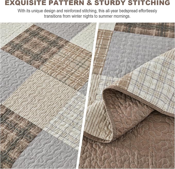 100% Cotton Queen Bedspread 120"x102", Oversized Quilt Bedspread Coverlet Set, Farmhouse Plaid Patchwork Pattern, Reversible Quilted Bedding Set, 3 Pieces, Khaki/Gray/Brown