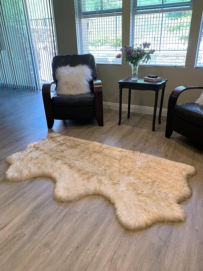 LAMBZY Faux Sheepskin Super Soft Hypoallergenic Silky Shag Rug for Living Room, Kids Room, Sofa (Triple Side by Side 3'x6', White/Brown Tips)