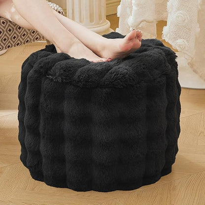 LIFEREVO Luxury Faux Rabbit Fur Round Inflatable Pouf Ottoman, 20 X 16 Fluffy Waffle Bubble Floor Poufs Foot Stool Rest Living Room Bedroom, Furry Pouf Ottoman Chair Seat Home Decor, Anti-Slip, Black