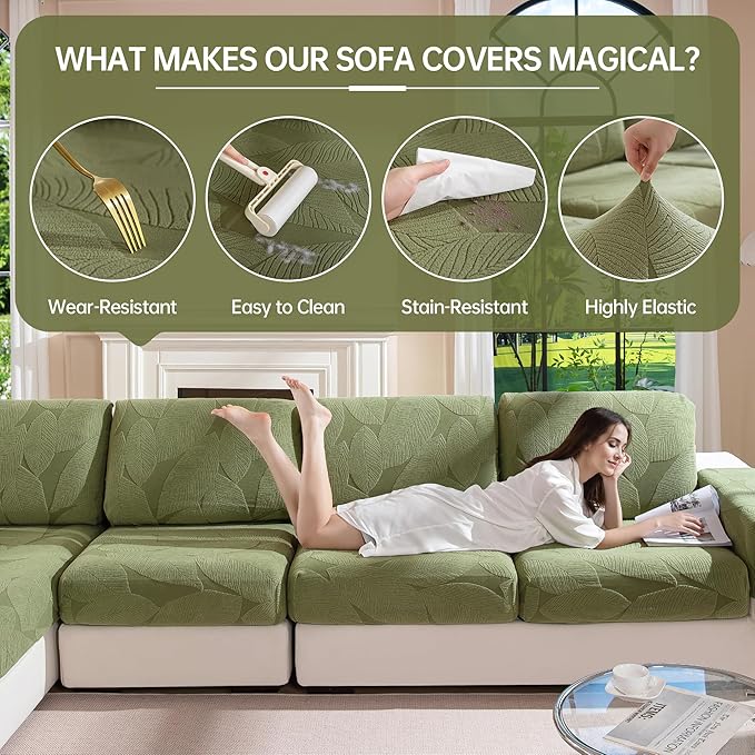 Couch Covers for Sectional Sofa, Washable Stretch Soft Sofa Cushion Covers L Shape Sofa Slipcovers Anti Slip Furniture Decor Protector for Pets (3 Seaters Covers+1 Chaise Cover,Green)
