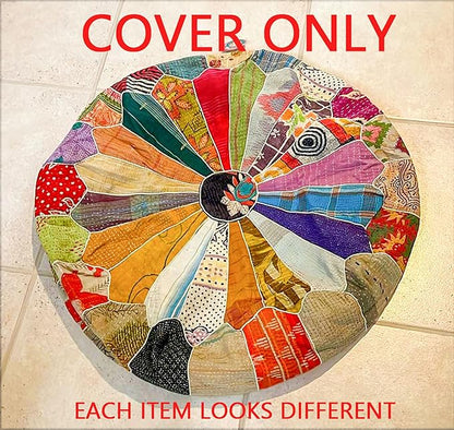 Mandala Life ART Indian Vintage Colorful Pouf Ottoman Cover Handmade Round Floor Cushion Pillow Patchwrok Recycled Cotton Bohemian Room Décor for Yoga and Boho Chic Seating Area 24x8 Unstuffed