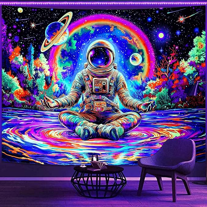 Haibimen Blacklight Astronaut Tapestry Wall Hanging Space Galaxy Travel Funny Meditation Tapestries for Bedroom Colorful Aesthetic Cool Wall Art for Guys Gamer Room Dorm Living Room (Yoga, 60''×44'')