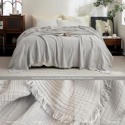 FOSSA Muslin Blanket with Fringe - 4-Layer 100% Cotton Gauze Super Soft & Breathable Throw -Lightweight Decorative Cooling Blanket for Bed, Sofa, Office -Twin XL Size 90" x 66" (Grayish)