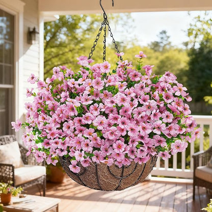 Artificial Fake Hanging Flowers Plants Basket for Outdoors Outside Spring Decoration,Hanging Planters with Faux Silk Flowers Realistic UV Resistant for Balcony Porch Patio Garden Fron Home Decor（Pink）