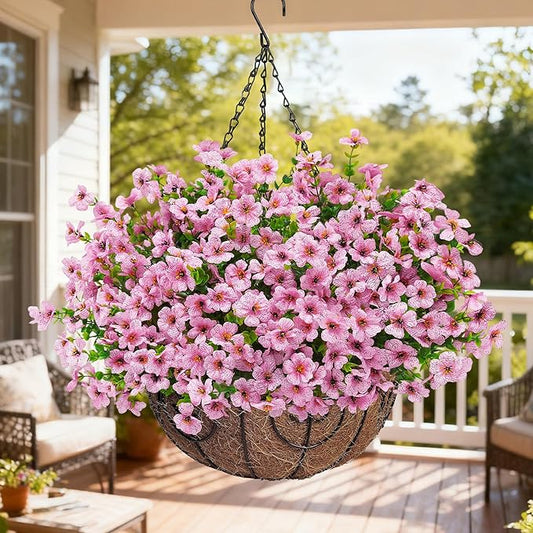 Artificial Fake Hanging Flowers Plants Basket for Outdoors Outside Spring Decoration,Hanging Planters with Faux Silk Flowers Realistic UV Resistant for Balcony Porch Patio Garden Fron Home Decor（Pink）