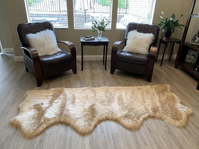 LAMBZY Faux Sheepskin Super Soft Hypoallergenic Silky Shag Rug for Living Room, Kids Room, Sofa (Quarto 4 Pelts Side by Side 3'x8', Beige)