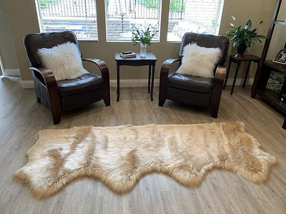 LAMBZY Faux Sheepskin Super Soft Hypoallergenic Silky Shag Rug for Living Room, Kids Room, Sofa (Quarto 4 Pelts Side by Side 3'x8', Beige)