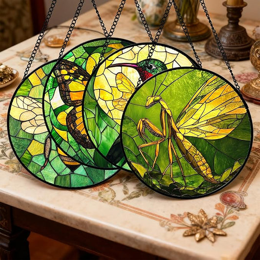 DASTOLL Stained Glass Window Hanging 4 Pcs Set Green Plants Yellow Insect Theme 6.3" - Suncatcher Door Garden Sun Catcher Decor Birthday Christmas for Mom Woman Nana Men
