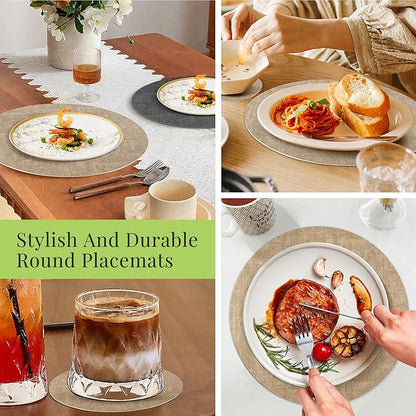 13-Inch Faux Leather Round Placemats Set of 4, Waterproof Anti-Slip Dual Sided Place mats, Heat Resistant Washable Table Mats with Coaster, Suitable for Indoor & Outdoor (4, Black Light Coffee)