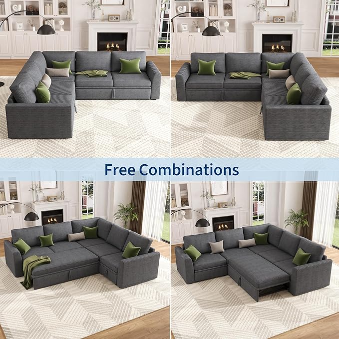 GarveeHome Sectional Sleeper Sofa with Pull Out Bed, Corduroy Modular Sectional Sofa L Shaped 5 Seat Couch with Pull Out Couch and Storage Seat, Convertible Sectional Couches for Living Room
