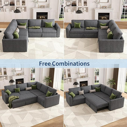 GarveeHome Sectional Sleeper Sofa with Pull Out Bed, Corduroy Modular Sectional Sofa L Shaped 5 Seat Couch with Pull Out Couch and Storage Seat, Convertible Sectional Couches for Living Room