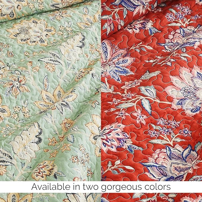 Southshore Fine Living, Inc. Oversized Full/Queen Quilt Bedding Set, Jacobean Willow Floral Quilt Set Queen or Full Size with 2 Matching Pillow Shams, Lightweight Bedspread, Soft and Cozy, Red