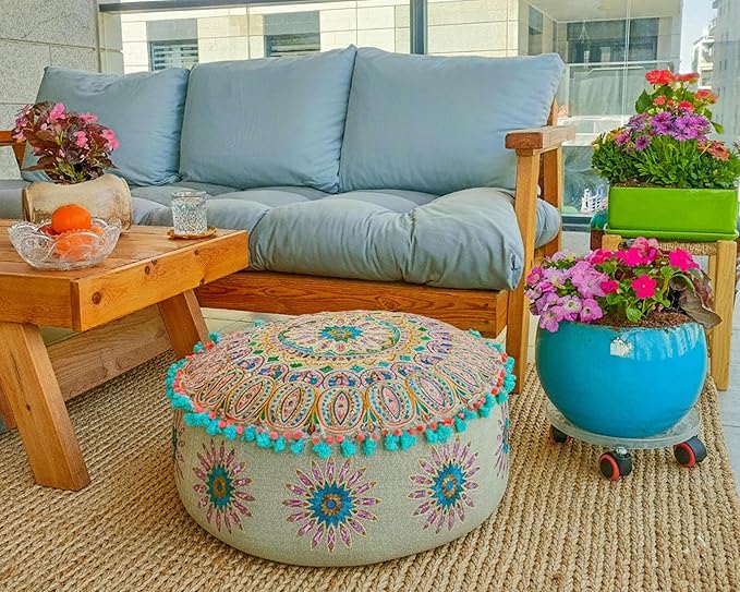Mandala Life ART Moroccan Large Floor Pillow Cover with Tassels and Ponpon Bedroom Décor Round Pouf Ottoman Boho Chic Seating Area Beanbag Footstool Stool Cotton 24x8 Unstuffed