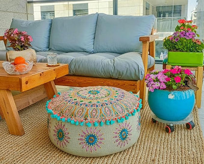 Mandala Life ART Moroccan Large Floor Pillow Cover with Tassels and Ponpon Bedroom Décor Round Pouf Ottoman Boho Chic Seating Area Beanbag Footstool Stool Cotton 24x8 Unstuffed