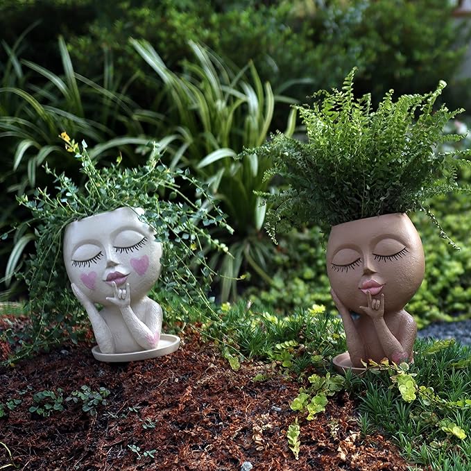 Face Flower Pots Head Planter, Dolkgy Cute Resin Planters for Indoor Outdoor Plants, Macetas Para Plantas Unique Head Plant Pot Face Vase