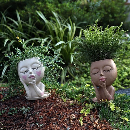 Face Flower Pots Head Planter, Dolkgy Cute Resin Planters for Indoor Outdoor Plants, Macetas Para Plantas Unique Head Plant Pot Face Vase