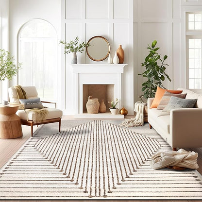 Rugshop Beige and Brown Geometric Area Rug – Soft Abstract Line Pattern Carpet for Living Room, Bedroom, or Office – Contemporary Neutral Decor Accent 7' 10" x 10' Beige