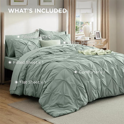 Bedsure California King Comforter Set - Bed in a Bag Cal King Bedding Set 7 PCS, GentleSoft™ Pintuck Bed Set Gift for Family, Pinch Pleat Sage Green Comforter with Sheets, Pillowcases & Shams