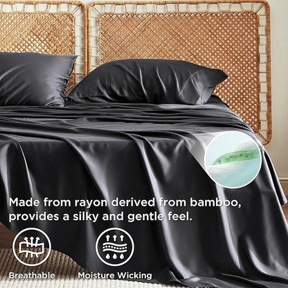 Bedsure King Size Sheet Set, Cooling Sheets King, Rayon Derived from Bamboo, Deep Pocket Up to 16", Breathable & Soft Bed Sheets, Hotel Luxury Silky Bedding Sheets & Pillowcases, Black