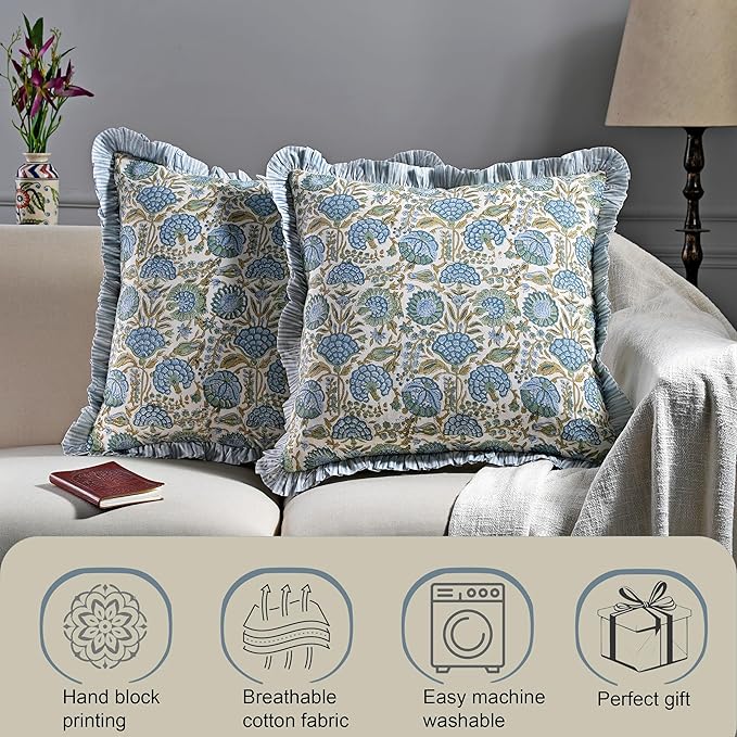Ridhi Modern Farmhouse Pillow Covers Decorative Cotton Throw Pillow Covers Set of 2 Asparagus Green Cushion Covers with Ruffle for Couch Sofa Bed Living Room Spring Home Decor 16x16