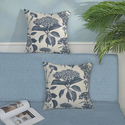 Blue Pillow Covers 20x20 Set of 2 Vintage Boho Floral Hydrangea Herbs Botanical Throw Pillow Cover Outdoor Flower Decoration Pillowcase Linen Farmhouse Cushion Case Decorative for Couch Sofa