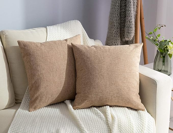 Stellhome Linen Throw Pillow Covers Square Solid Farmhouse Burlap Cushion Covers for Bed Couch Sofa Bench, 16 x 16 inch (40 cm), Natural Linen, Set of 2