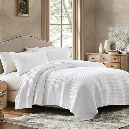 WDCOZY 100% Cotton Queen Size Quilt Set - White Striped Pick Stitch Soft Lightweight Bedspread, Textured Like Linen, Farmhouse Country Rustic Coverlet, Shabby Chic Gauze Bedding, 3 Pieces