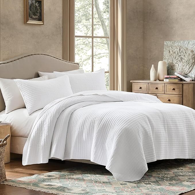 WDCOZY 100% Cotton King Size Quilt Set - White Striped Pick Stitch Soft Lightweight Bedspread, Textured Like Linen, Farmhouse Country Rustic Coverlet, Shabby Chic Gauze Bedding, 3 Pieces