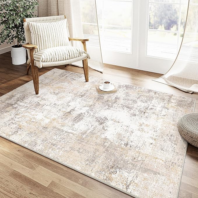 3x5 Washable Area Rug Beige Grey Abstract Entryway Office Throw Rug Neutral Modern Non Slip Soft Low Pile Small Carpet for Kitchen Living Room Bedroom Entrance