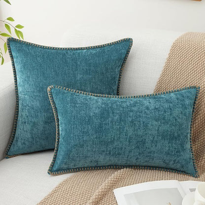 decorUhome Spring Chenille Soft Throw Pillow Covers 18x18 Set of 2, Farmhouse Velvet Neutral Decorative Pillow Covers with Stitched Edge for Couch Sofa Bed Home Decor, Teal
