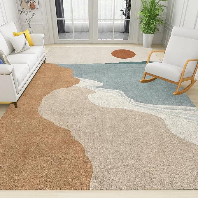 Mid Century Sun and Mountain Area Rug, Retro European Bohemian Large Area Rug, Indoor Non-Slip Kids Rugs, Machine Washable Breathable Durable Carpet for Front Entrance Floor Decor,5 x 6ft