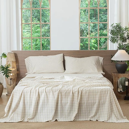 MooMee Gingham Sheet Set 100% Washed Cotton Linen Like Textured Breathable Soft w/Fully Elasticized 16-19" Deep Pocket (Classic Gingham Almond Milk Grey, King)