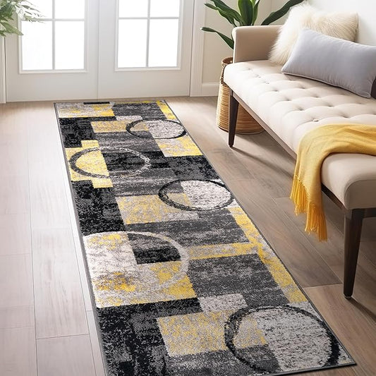 Rugshop Contemporary Circle Design Runner Rug, Fade-Resistant Carpet for Hallway, Kitchen, or Entryway, Yellow, 2' x 10'