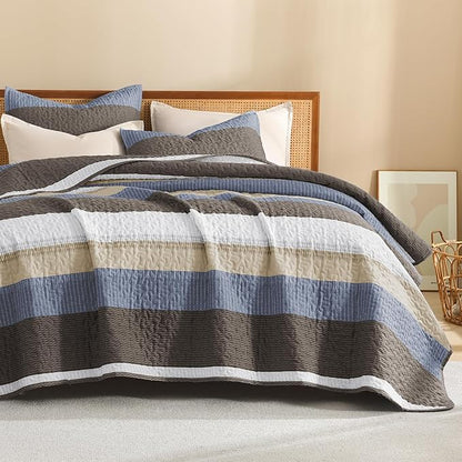 Litanika Quilt King Size BluC, Stripe Patchwork Summer Bedspread Coverlet 3 Pieces, Soft Lightweight Microfiber Quilted Bedding Set for All Season(1 Quilt, 2 Pillowcases)