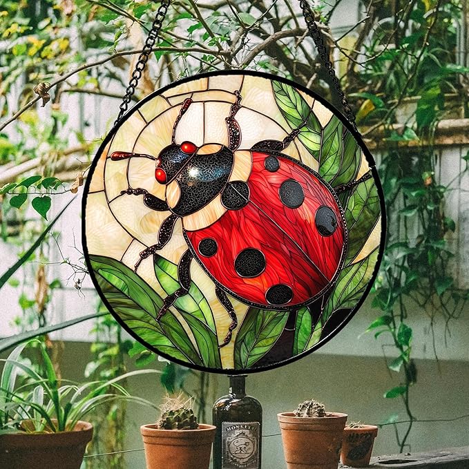 Stained Glass Window Hanging - Red Seven-Spotted Ladybug Sun Catcher for Door Home Decor Insect Suncatcher Christmas Mother's Day Birthday Gifts for Women Men Mom Nana 6.3 in