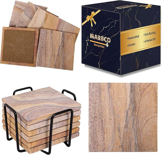 Sandstone Water Absorbent Hand Crafted Square Coasters for Drinks - 4 Inches Wide Thirsty Stone Bar/Drink Coasters- Made from Rainbow Sandstone (Set of 6 with Holder)