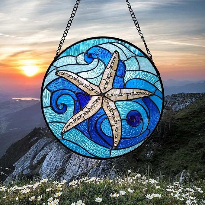 DASTOLL Stained Glass Window Hanging 4 Pcs Set Blue Ocean Waves 7.8" - Starfish Crab Seal Suncatcher Door Garden Sun Catcher Decor Birthday for Mom Woman Nana Men Friend