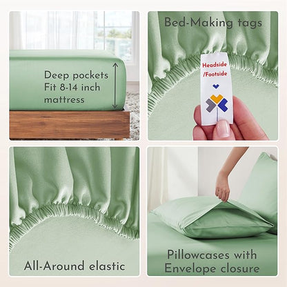 California Design Den Natural 100% Cotton Bed Sheets King Size Set - Soft Sateen Weave, Fully Elasticized Deep Pocket King Sheet Set, Breathable and Durable Bedding - Frosty Green