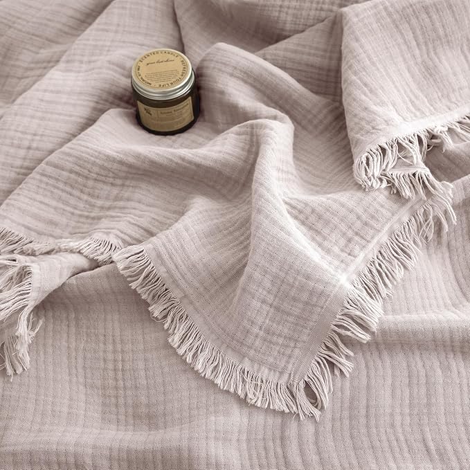 FOSSA Muslin Blanket with Fringe - 4-Layer 100% Cotton Gauze Super Soft & Breathable Throw -Lightweight Decorative Cooling Blanket for Bed, Sofa, Office (Greyish Pink, Super King (108" × 98"))