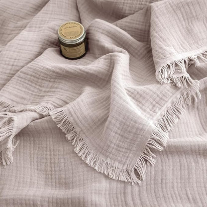 FOSSA Muslin Blanket with Fringe - 4-Layer 100% Cotton Gauze Super Soft & Breathable Throw -Lightweight Decorative Cooling Blanket for Bed, Sofa, Office (Greyish Pink, Super King (108" × 98"))