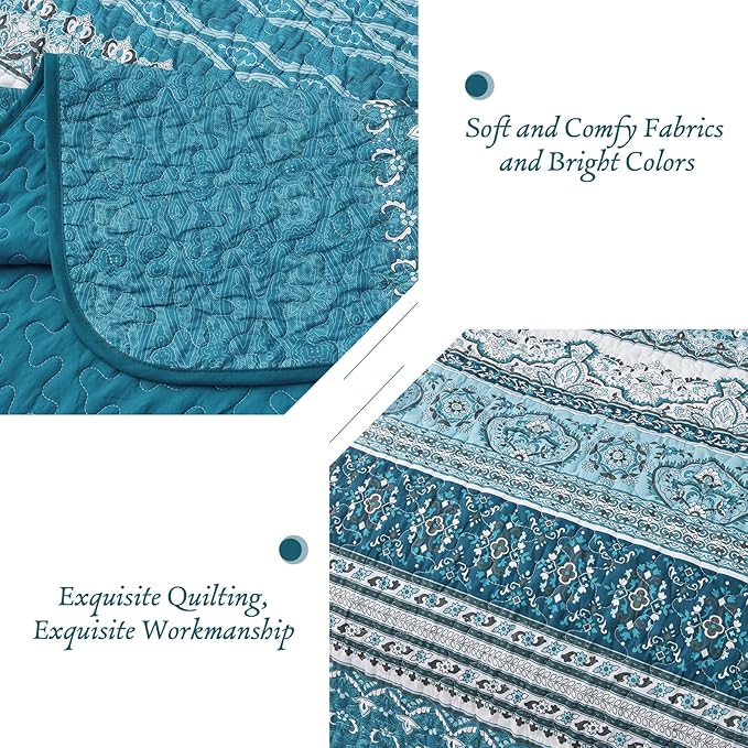 WONGS BEDDING Boho Queen Quilt Set, Teal and Blue Bohemian Quilt Bedding Set, Lightweight Bed Decor Bedspread for All Season Reversible Microfiber Coverlet Bedding Set 96"x90"(3 Pieces)