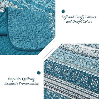 WONGS BEDDING Boho Queen Quilt Set, Teal and Blue Bohemian Quilt Bedding Set, Lightweight Bed Decor Bedspread for All Season Reversible Microfiber Coverlet Bedding Set 96"x90"(3 Pieces)