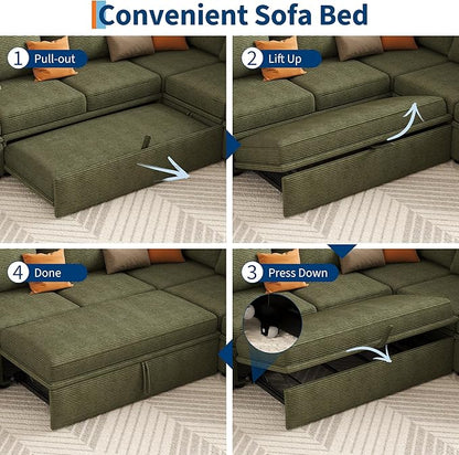 GarveeHome Sectional Sleeper Sofa with Pull Out Bed, Corduroy Modular Sectional Sofa U Shaped 7 Seat Couch with Pull Out Couch and Storage Seat & Ottoman, Convertible Couches for Living Room