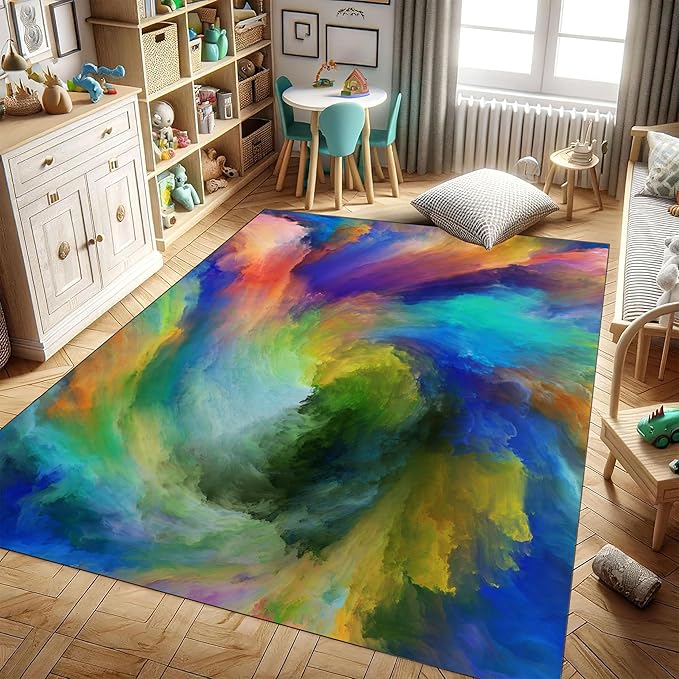 Living Room Abstract Area Rugs Indoor Washable Rugs Colorful Sea of Clouds Patterns Dining Room Floor Rugs Non-Slip Backing Modern Plush 4x5ft