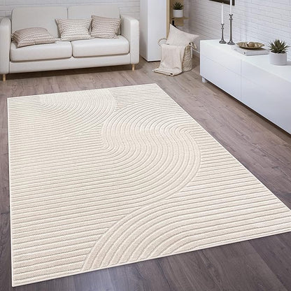 Paco Home Modern Area Rug with Raised Curved Line Pattern – Minimalist Design in Cream, Size: 2'8" x 8'2"