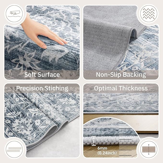 Area Rugs 5x7 for Living Room, Floral Washable Rugs for Dining Room, Bedroom, Kitchen, Vintage Non-Slip Thin Area Rug(Blue, 5'x7')